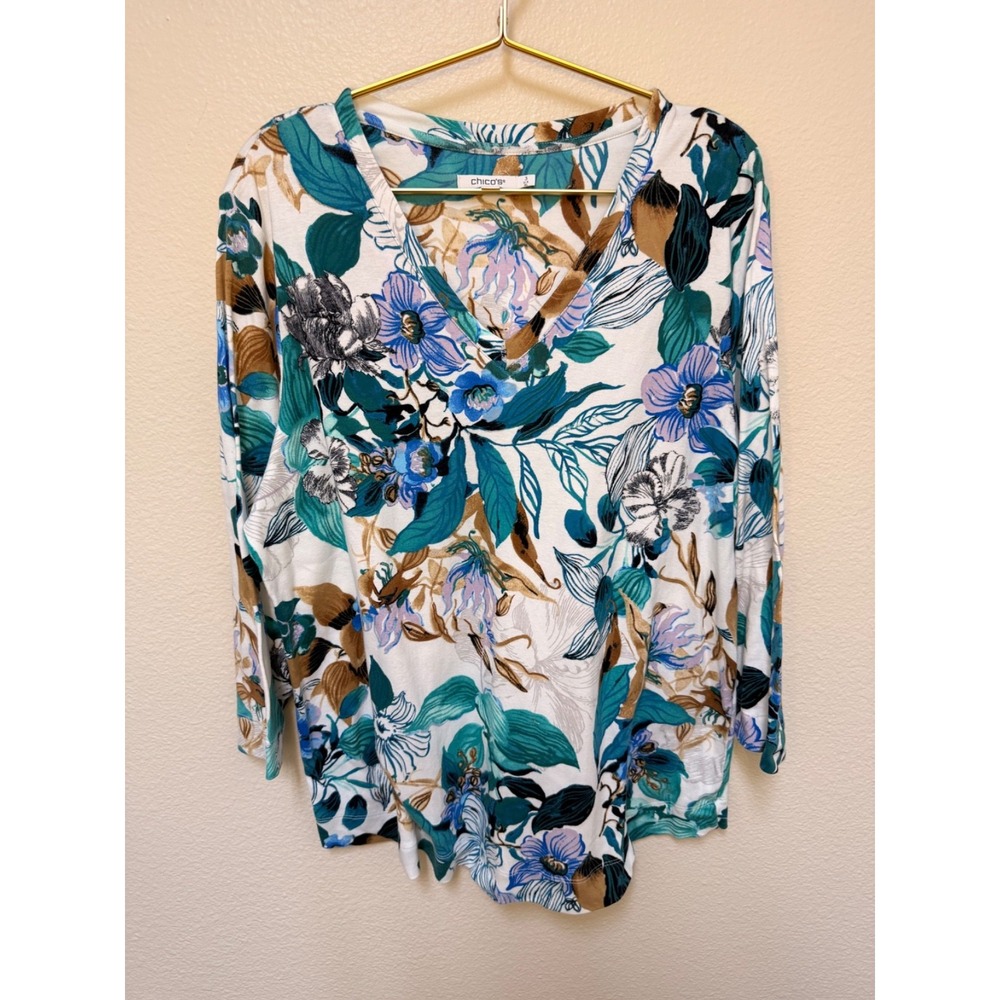 Chico's Size 3 Floral Blouse White Blue Green 3/4 Sleeve Top XL 16 18 Lightweigh